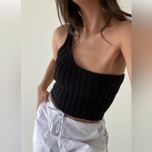 NWT Et Clet black chunky knit one shoulder crop top sweater tank size s small